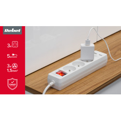 Rebel Przedłużacz Sieciowy Rebel 3 Gniazda + 2 Gniazda Usb Z Wyłacznikiem - 5M [[