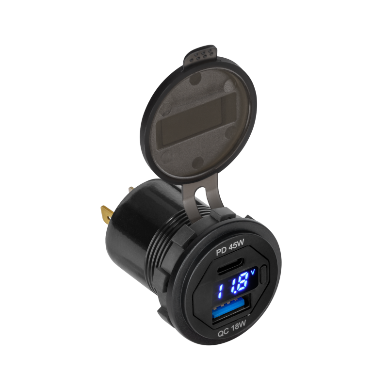 Peiying Ładowarka Samochodowa Usb+Usb Typu C Z Funkcją Quick Charge, Power Delivery I Miernikiem Napięcia 63W [[