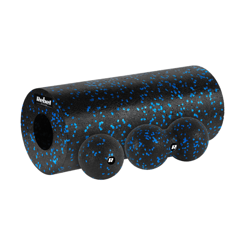 Rebel Zestaw Wałek Do Masażu, Roller, Piłka, Duoball , 3 Elementy, Kolor Czarno-Niebieski, Materiał Epp, Rebel Active [[