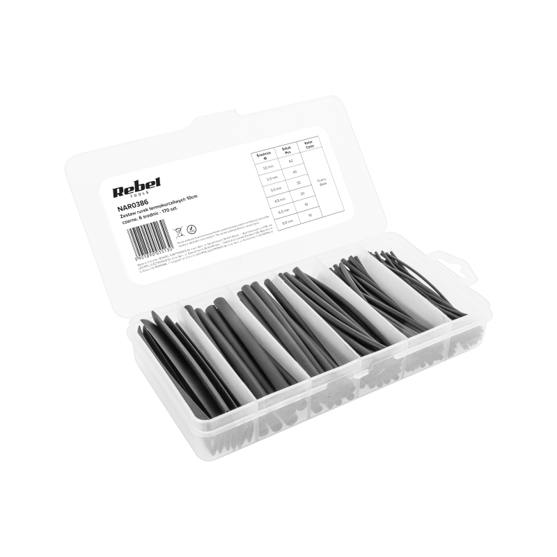 Rebel Zestaw Rurek Termokurczliwych 10 Cm. Czarne, 6 Średnic- 170 Szt. [[