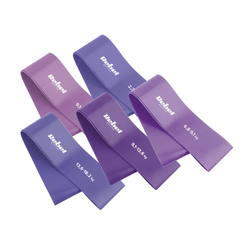 Rebel Zestaw Gum Do Ćwiczeń Lateksowy - Mini Band L, 2.3-18.2 Kg, 5 Gum, Fioletowy,  Rebel Active [[