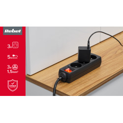 Rebel Przedłużacz 3 Gniazda 5M Typu Francuskiego Z Przełącznikiem (3X1,5Mm) Rebel Czarny [[