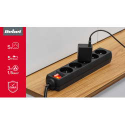 Rebel Przedłużacz 5 Gniazd 5M Typu Francuskiego Z Przełącznikiem (3X1,5Mm) Rebel Czarny [[