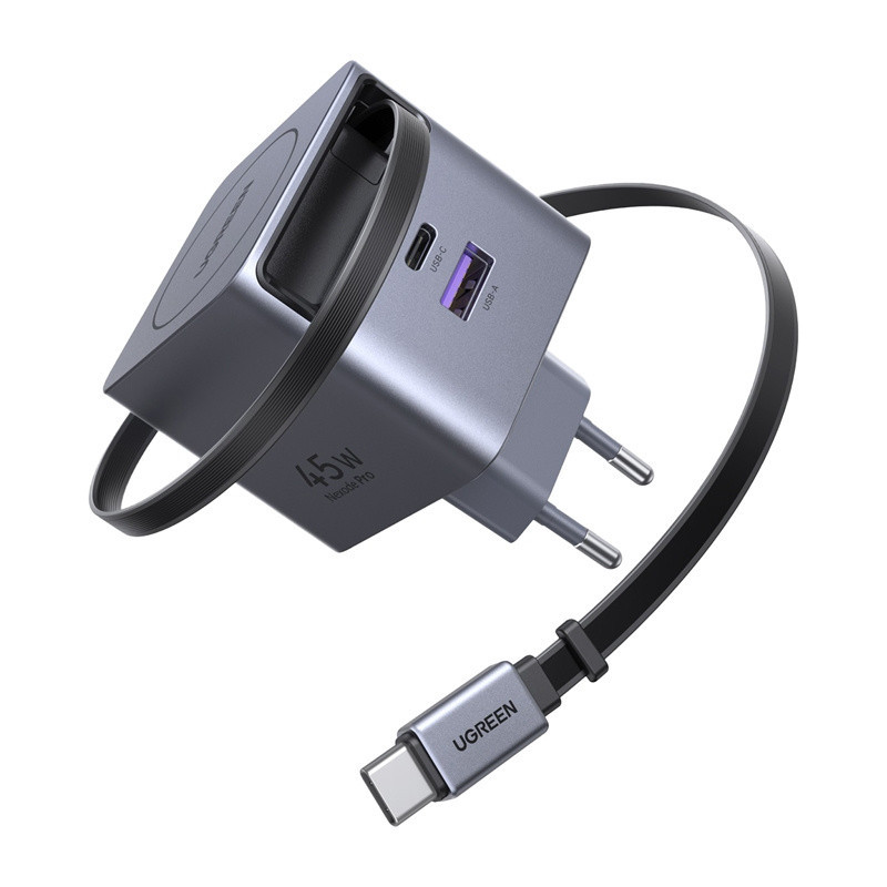 UGREEN Ładowarka sieciowa GaN Ugreen X614, USB-C + USB, 45W, ze zwijanym kablem (szara) //
