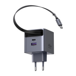UGREEN Ładowarka sieciowa GaN Ugreen X614, USB-C + USB, 45W, ze zwijanym kablem (szara) //