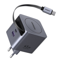 UGREEN Ładowarka sieciowa GaN Ugreen X614, USB-C + USB, 45W, ze zwijanym kablem (szara) //