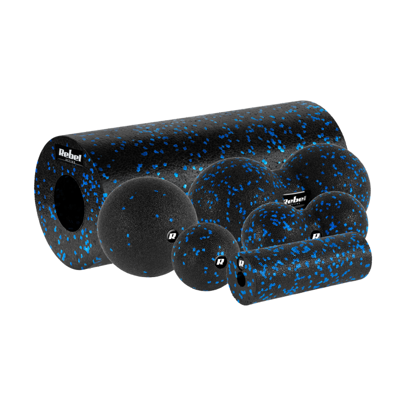 Rebel Zestaw Wałek Do Masażu, Mini Roller, 2 Piłki, 2 Duoball-E , 6 Elementów, Kolor Czarno-Niebieski, Materiał Epp, Rebel Activ